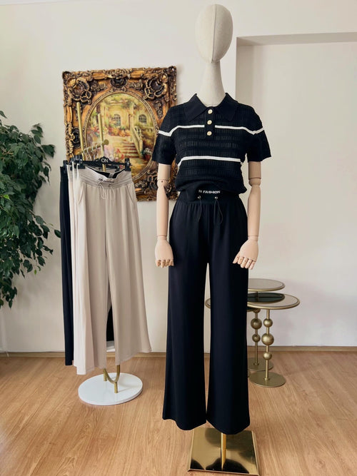 Beli Yazı Detaylı Geniş Paça Siyah Pantolon