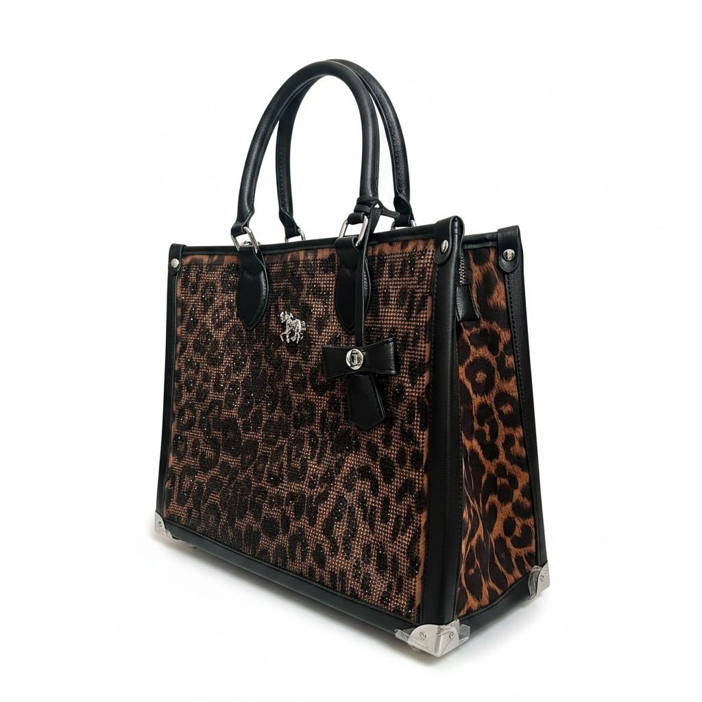 Leopar Desenli ve Gümüş Detaylı Işıltılı Tote Çanta