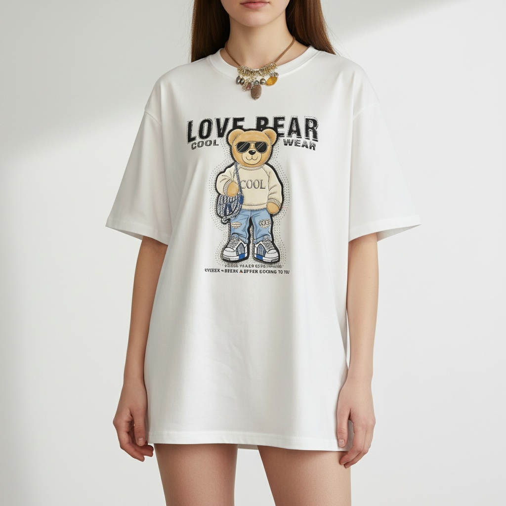 Love Bear Baskılı Oversize Beyaz Tişört