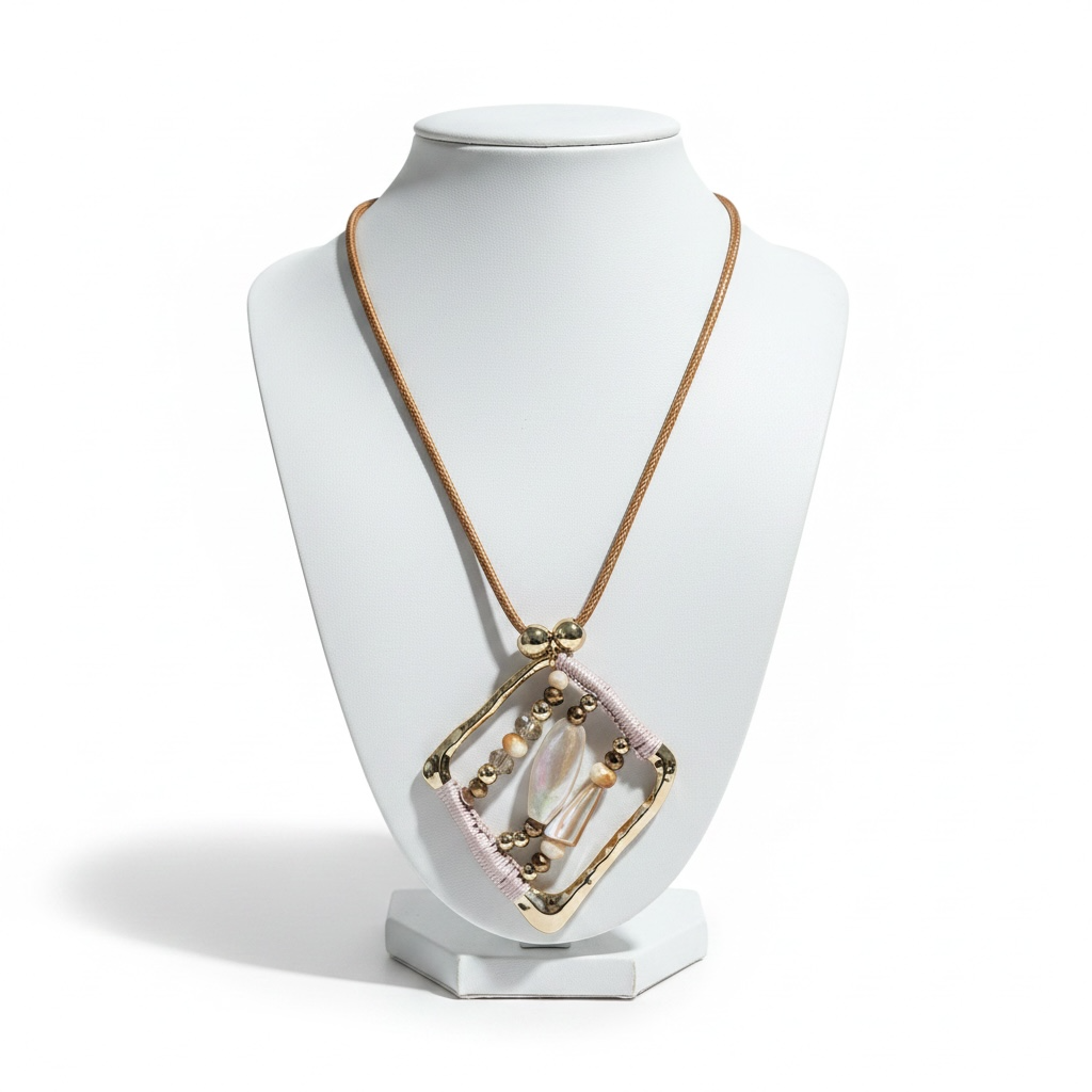 Sedef ve Gold Detaylı Geometrik Uzun Kolye